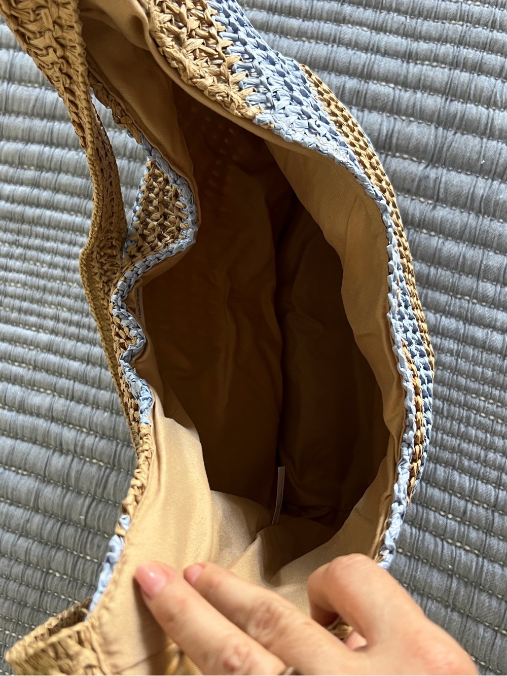 Woven Stripe Raffia Shoulder Bag in Natural and Light Blue - Picture 8 of 10